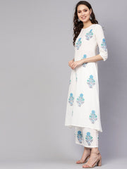 Women White & Blue Printed Kurta with Palazzos