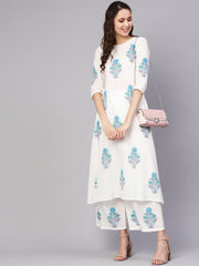 Women White & Blue Printed Kurta with Palazzos