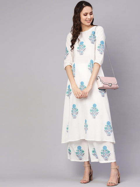 Women White & Blue Printed Kurta with Palazzos