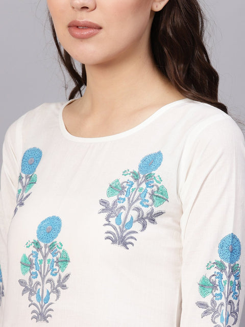 Women White & Blue Printed Kurta with Palazzos