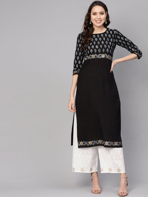 Women Black & White Printed Kurta with Palazzos