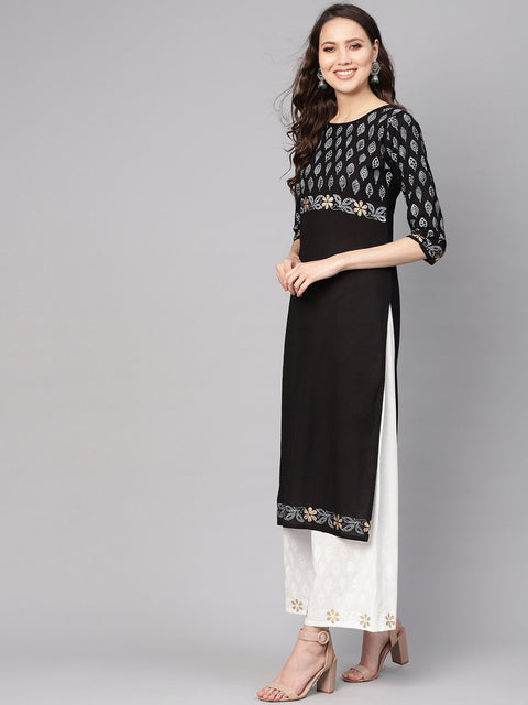 Women Black & White Printed Kurta with Palazzos