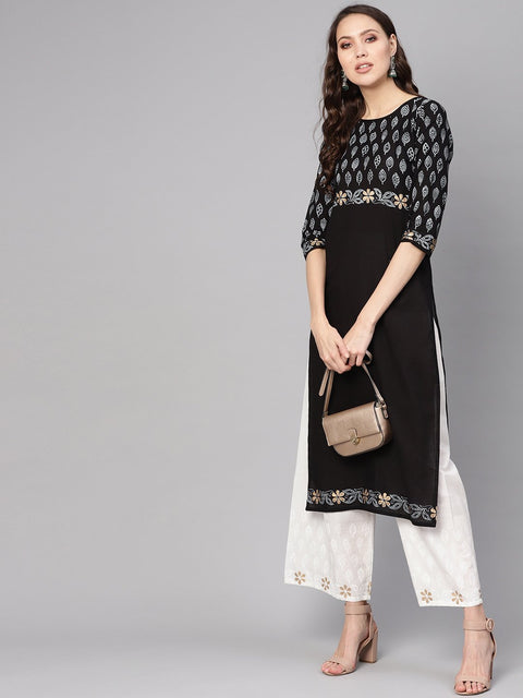 Women Black & White Printed Kurta with Palazzos