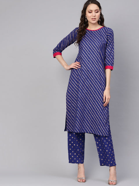 Women Blue & Golden Leheriya Print Kurta with Trousers