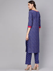 Women Blue & Golden Leheriya Print Kurta with Trousers