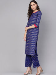 Women Blue & Golden Leheriya Print Kurta with Trousers