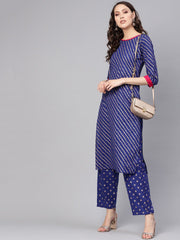 Women Blue & Golden Leheriya Print Kurta with Trousers