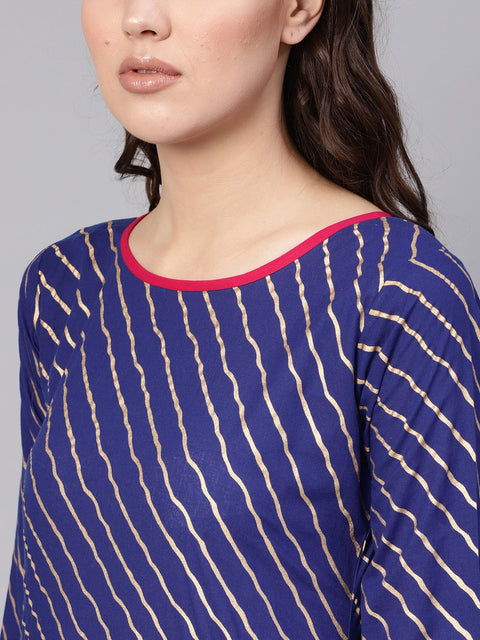 Women Blue & Golden Leheriya Print Kurta with Trousers