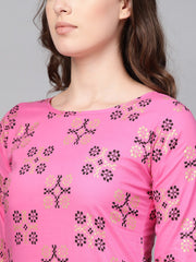 Nayo Women Pink Three-Quarter Sleeves Printed Straight Pure Cotton Kurta and Skirt Set