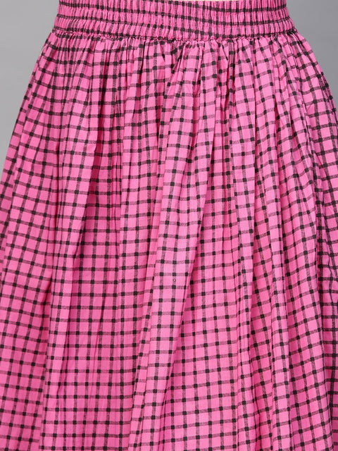 Nayo Women Pink Three-Quarter Sleeves Printed Straight Pure Cotton Kurta and Skirt Set