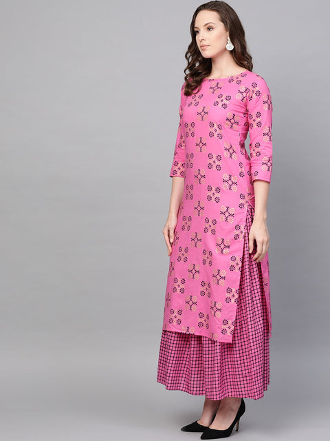 Nayo Women Pink Three-Quarter Sleeves Printed Straight Pure Cotton Kurta and Skirt Set