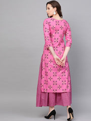 Nayo Women Pink Three-Quarter Sleeves Printed Straight Pure Cotton Kurta and Skirt Set