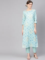 Women Blue Printed Kurta with Trousers
