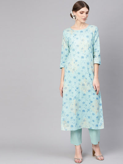 Women Blue Printed Kurta with Trousers