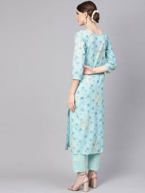 Women Blue Printed Kurta with Trousers