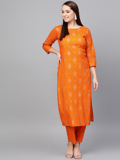 Nayo Women Mustard Three-Quarter Sleeves Printed Straight Pure Cotton Kurta with Trouser Set