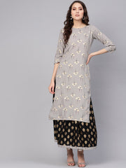 Women Charcoal Grey & Black Printed Kurta with Skirt