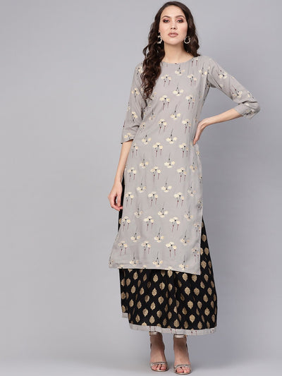 Women Charcoal Grey & Black Printed Kurta with Skirt