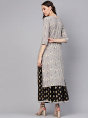 Women Charcoal Grey & Black Printed Kurta with Skirt