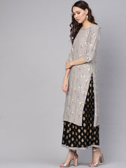 Women Charcoal Grey & Black Printed Kurta with Skirt