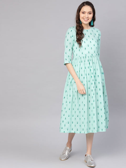 Women Green Printed A-Line Dress