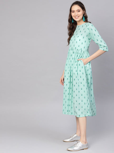 Women Green Printed A-Line Dress