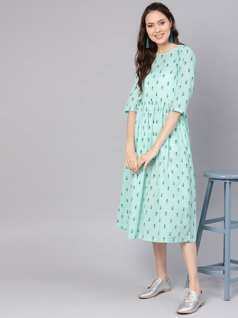 Women Green Printed A-Line Dress