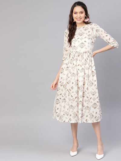 Women Off-White & Brown Printed A-Line Dress
