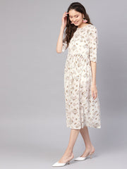 Women Off-White & Brown Printed A-Line Dress
