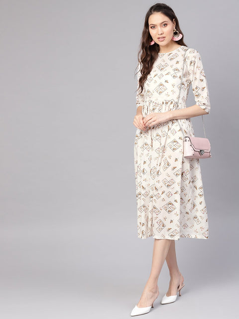 Women Off-White & Brown Printed A-Line Dress