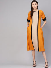 Women Mustard Yellow & Beige Colourblocked A-Line Dress