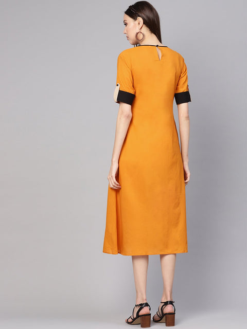 Women Mustard Yellow & Beige Colourblocked A-Line Dress