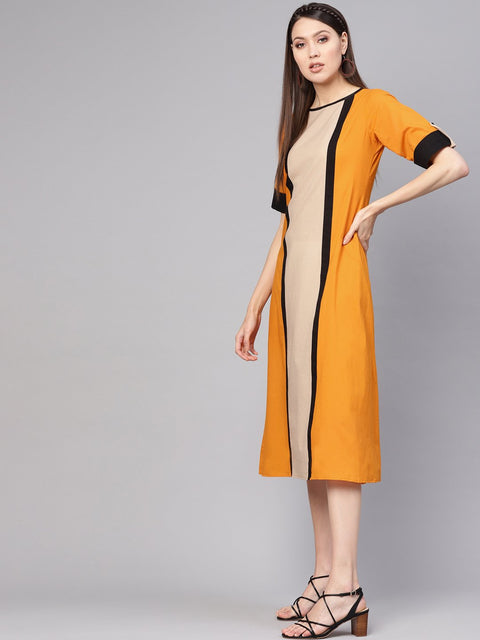 Women Mustard Yellow & Beige Colourblocked A-Line Dress