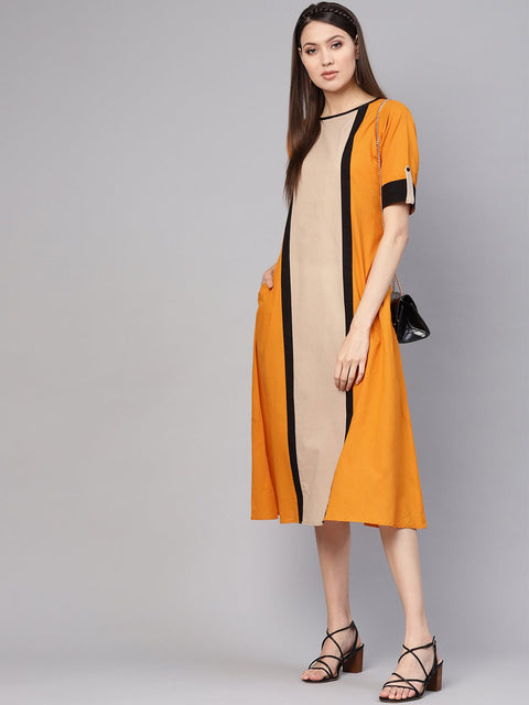 Women Mustard Yellow & Beige Colourblocked A-Line Dress