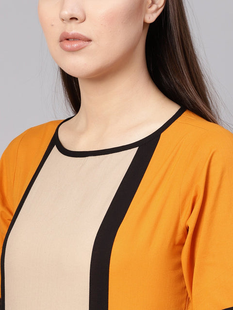 Women Mustard Yellow & Beige Colourblocked A-Line Dress