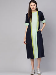 Women Navy Blue & Green Colourblocked A-Line Dress