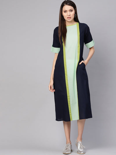 Women Navy Blue & Green Colourblocked A-Line Dress
