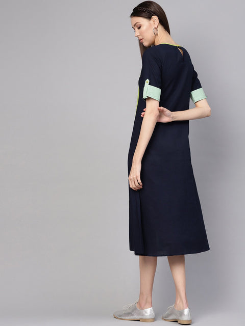 Women Navy Blue & Green Colourblocked A-Line Dress