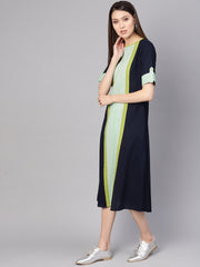 Women Navy Blue & Green Colourblocked A-Line Dress