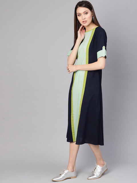 Women Navy Blue & Green Colourblocked A-Line Dress