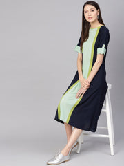 Women Navy Blue & Green Colourblocked A-Line Dress