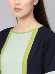 Women Navy Blue & Green Colourblocked A-Line Dress