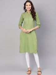 Women Green & Red Striped Straight Kurta