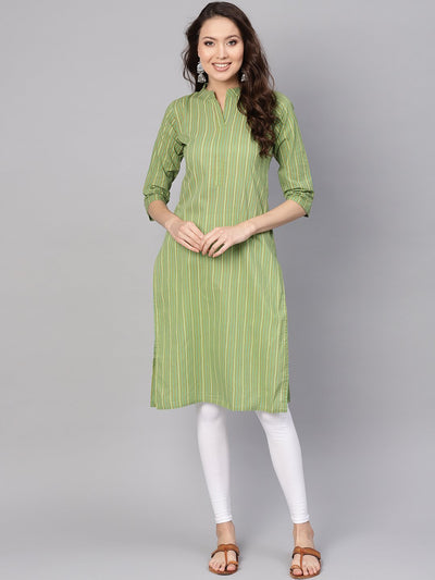 Women Green & Red Striped Straight Kurta