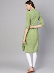 Women Green & Red Striped Straight Kurta