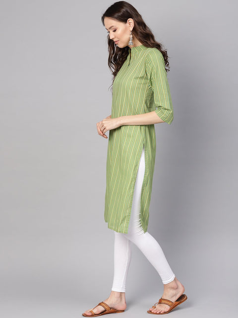 Women Green & Red Striped Straight Kurta