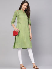 Women Green & Red Striped Straight Kurta
