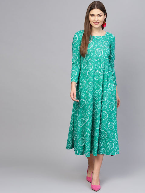 Women Green & White Printed Maxi Dress