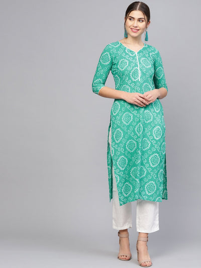 Women Green & White Printed Straight Kurta