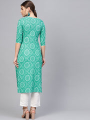 Women Green & White Printed Straight Kurta
